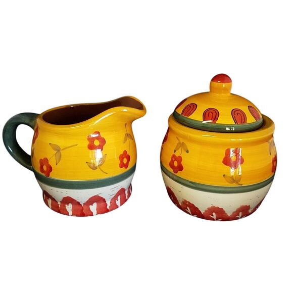 Hand Painted Folk Art Cream & Sugar Set - Garden Path Design - Made in Poland - Picture 1 of 5